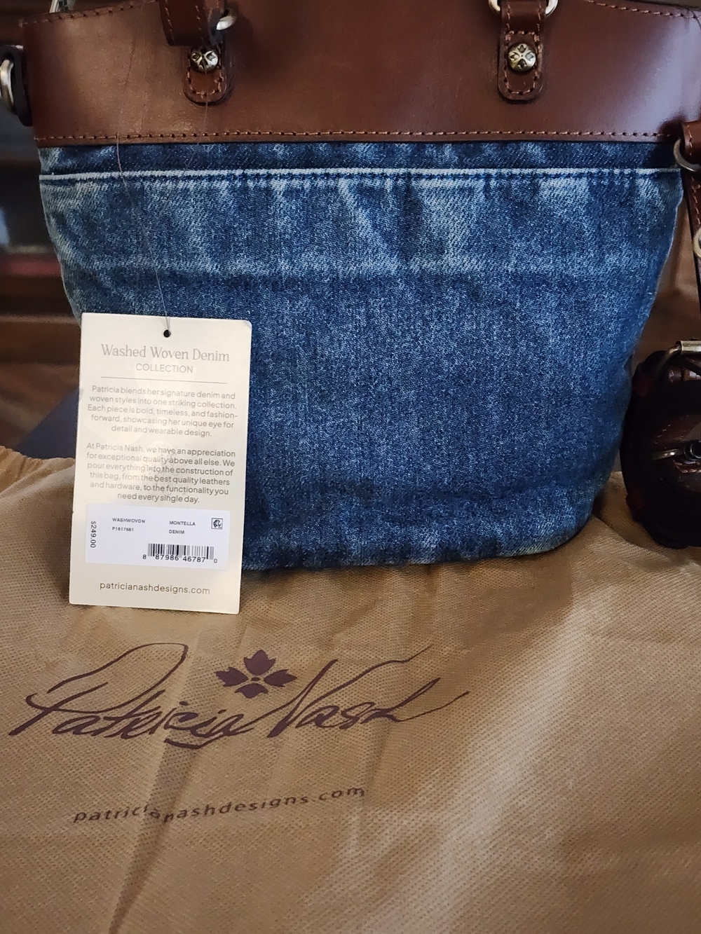 Patricia Nash Quilted Denim Tote with Brown Leather Trim - Picture 2 of 3